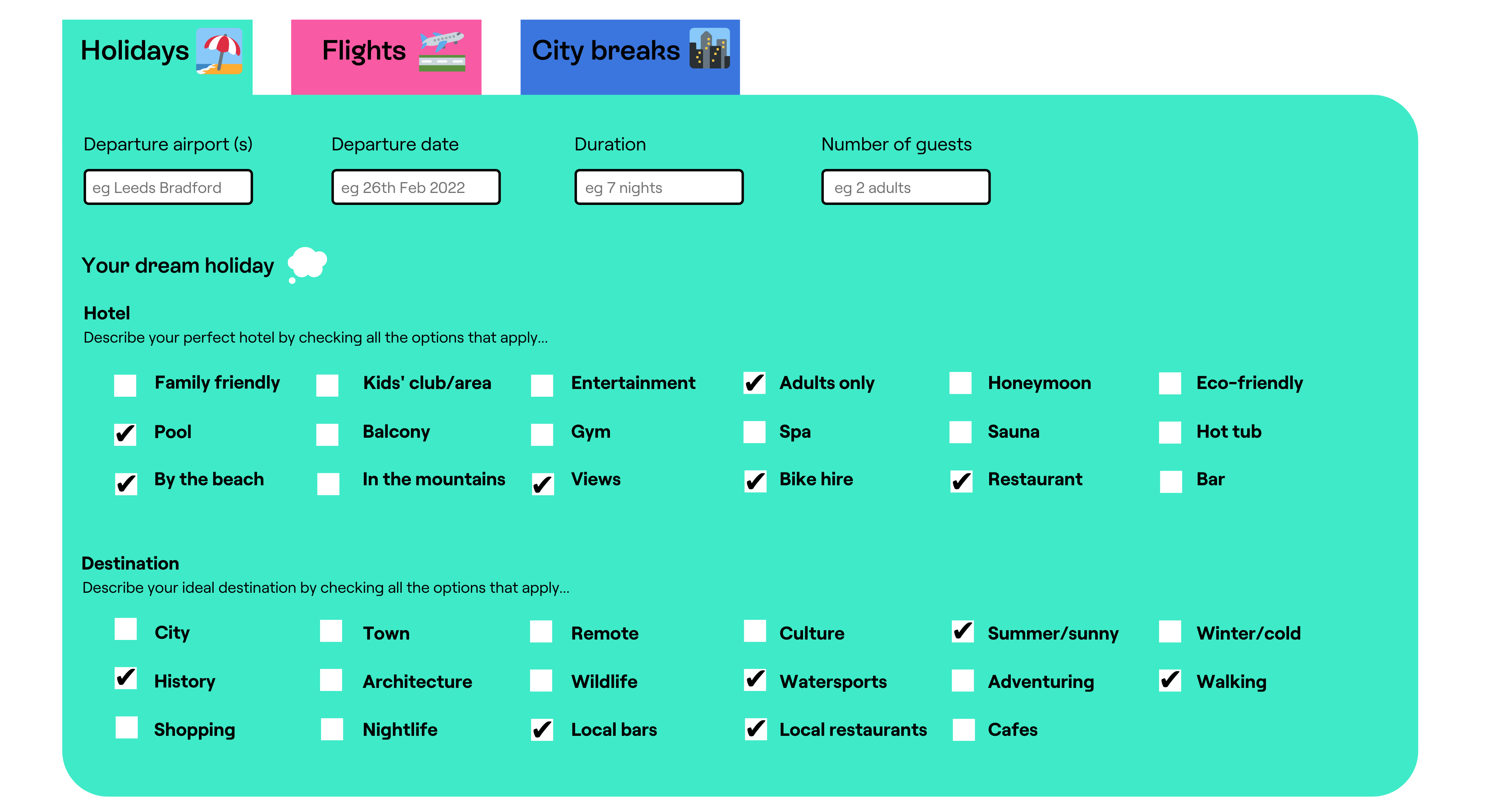 Illustration representing a reimagined holiday search function for airlines, leisure travel companies and tour operators.